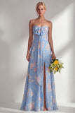 Blue Pink Flower Convertible Wear Long Boho Bridesmaid Dress with Slit