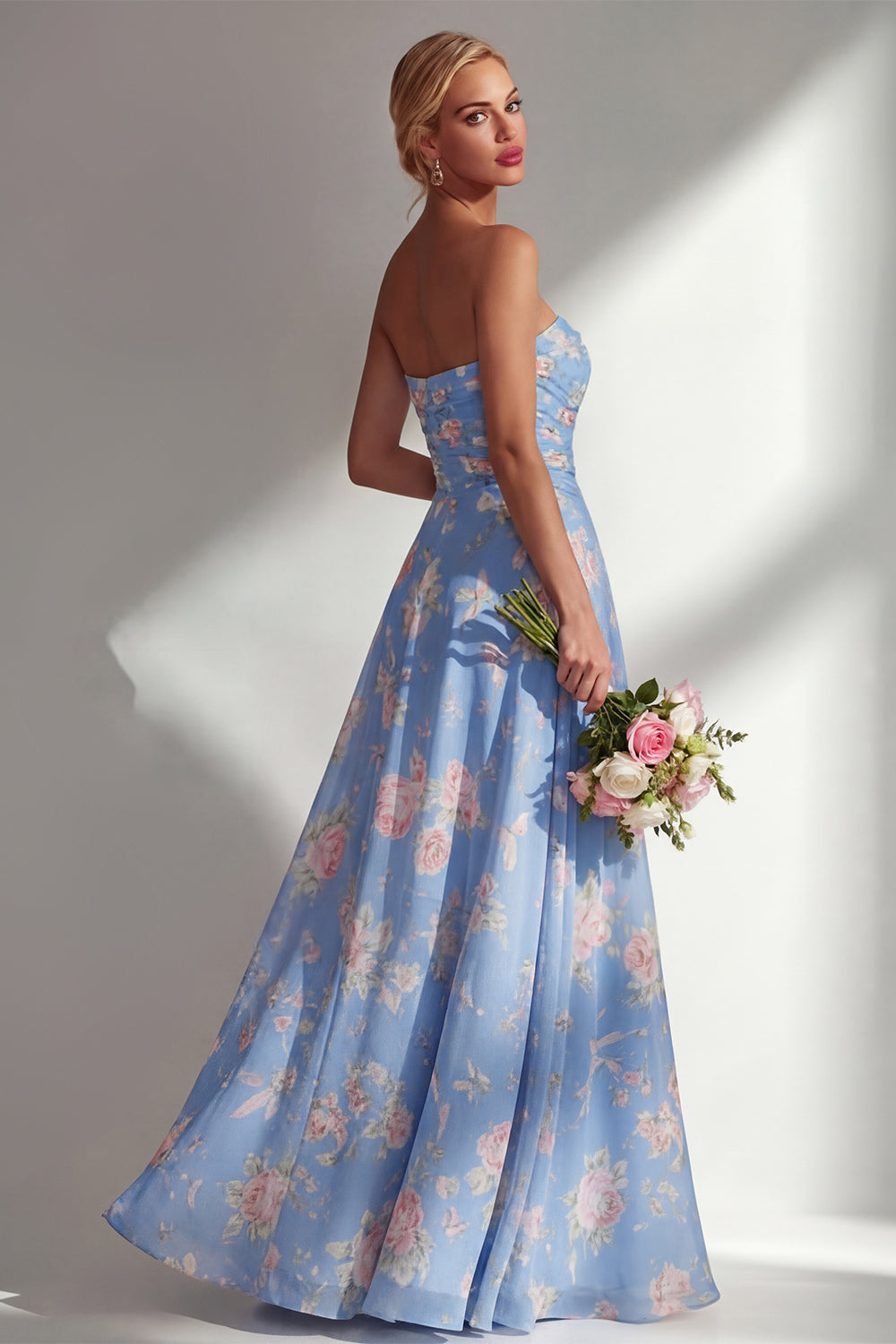 Blue Pink Flower Convertible Wear Long Boho Bridesmaid Dress with Slit