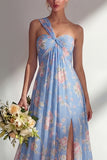 Blue Pink Flower Convertible Wear Long Boho Bridesmaid Dress with Slit
