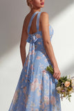 Blue Pink Flower Convertible Wear Long Boho Bridesmaid Dress with Slit