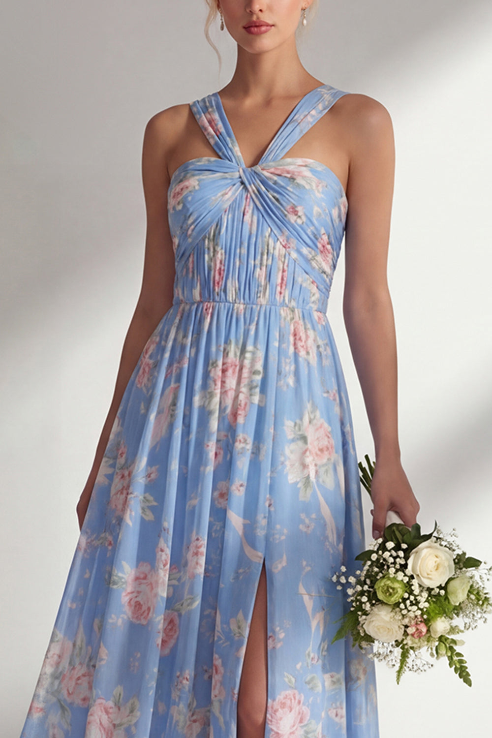 Blue Pink Flower Convertible Wear Long Boho Bridesmaid Dress with Slit