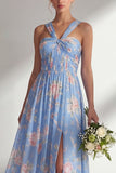 Blue Pink Flower Convertible Wear Long Boho Bridesmaid Dress with Slit