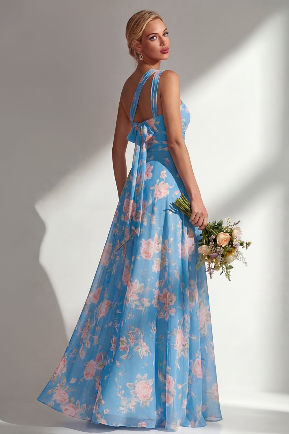 Blue Pink Flower Convertible Wear Long Boho Bridesmaid Dress with Slit