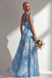 Blue Pink Flower Convertible Wear Long Boho Bridesmaid Dress with Slit