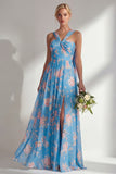 Blue Pink Flower Convertible Wear Long Boho Bridesmaid Dress with Slit