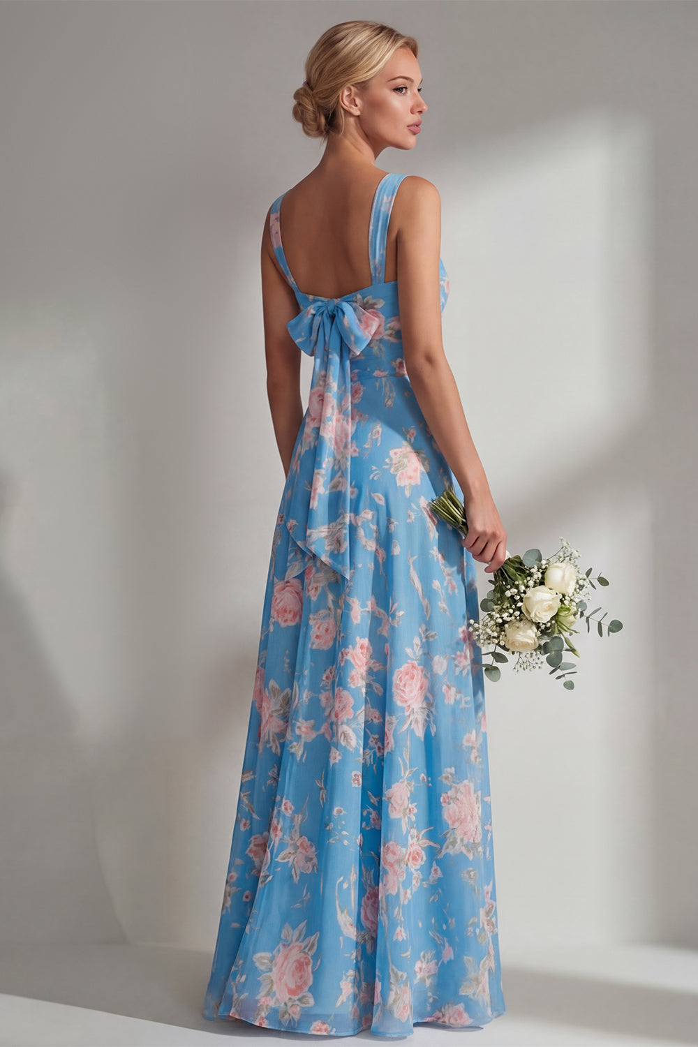 Blue Pink Flower Convertible Wear Long Boho Bridesmaid Dress with Slit