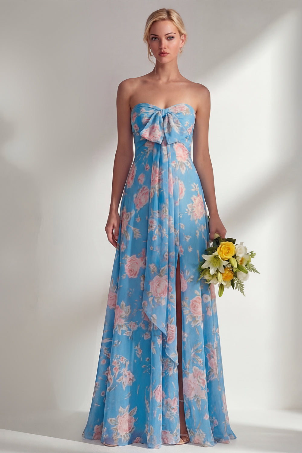 Blue Pink Flower Convertible Wear Long Boho Bridesmaid Dress with Slit