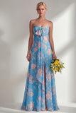 Blue Pink Flower Convertible Wear Long Boho Bridesmaid Dress with Slit