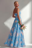 Blue Pink Flower Convertible Wear Long Boho Bridesmaid Dress with Slit
