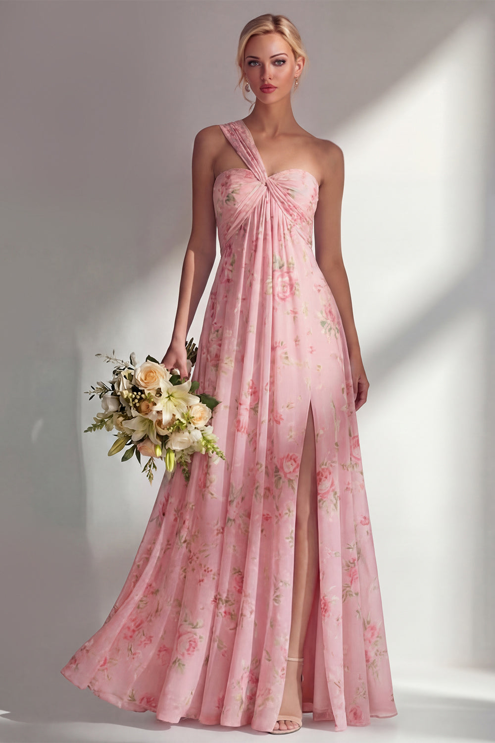 Blue Pink Flower Convertible Wear Long Boho Bridesmaid Dress with Slit