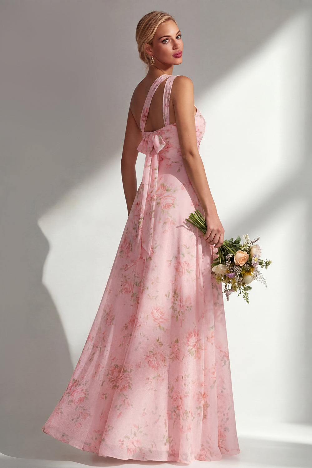 Blue Pink Flower Convertible Wear Long Boho Bridesmaid Dress with Slit