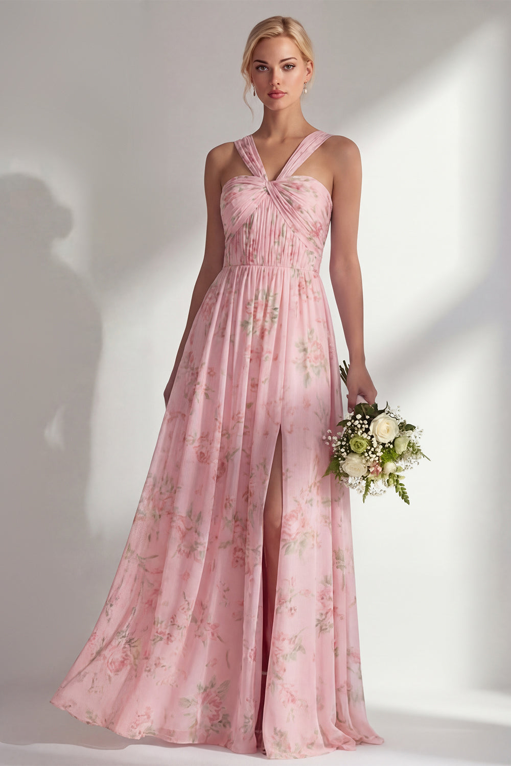 Blue Pink Flower Convertible Wear Long Boho Bridesmaid Dress with Slit