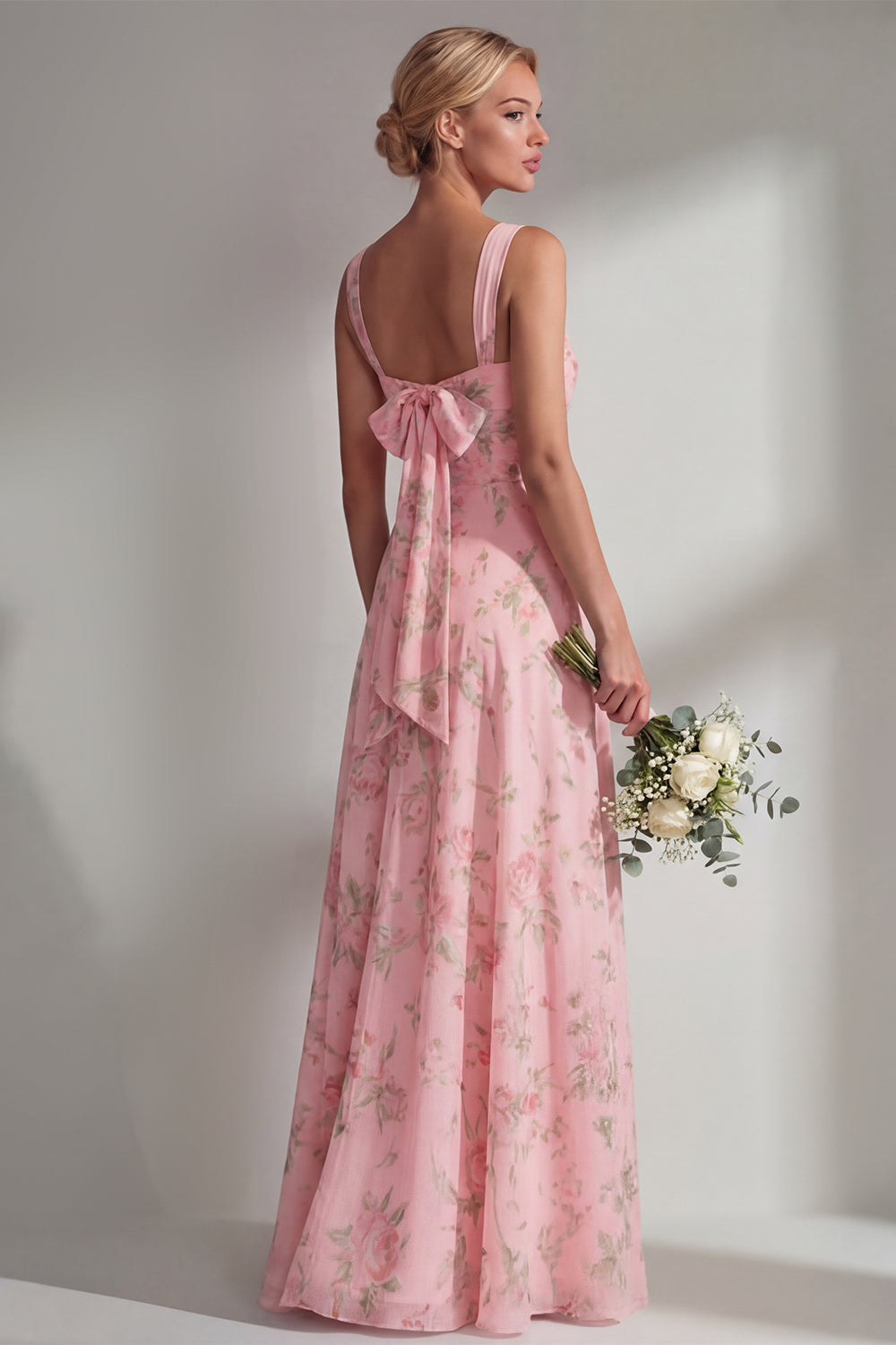 Blue Pink Flower Convertible Wear Long Boho Bridesmaid Dress with Slit