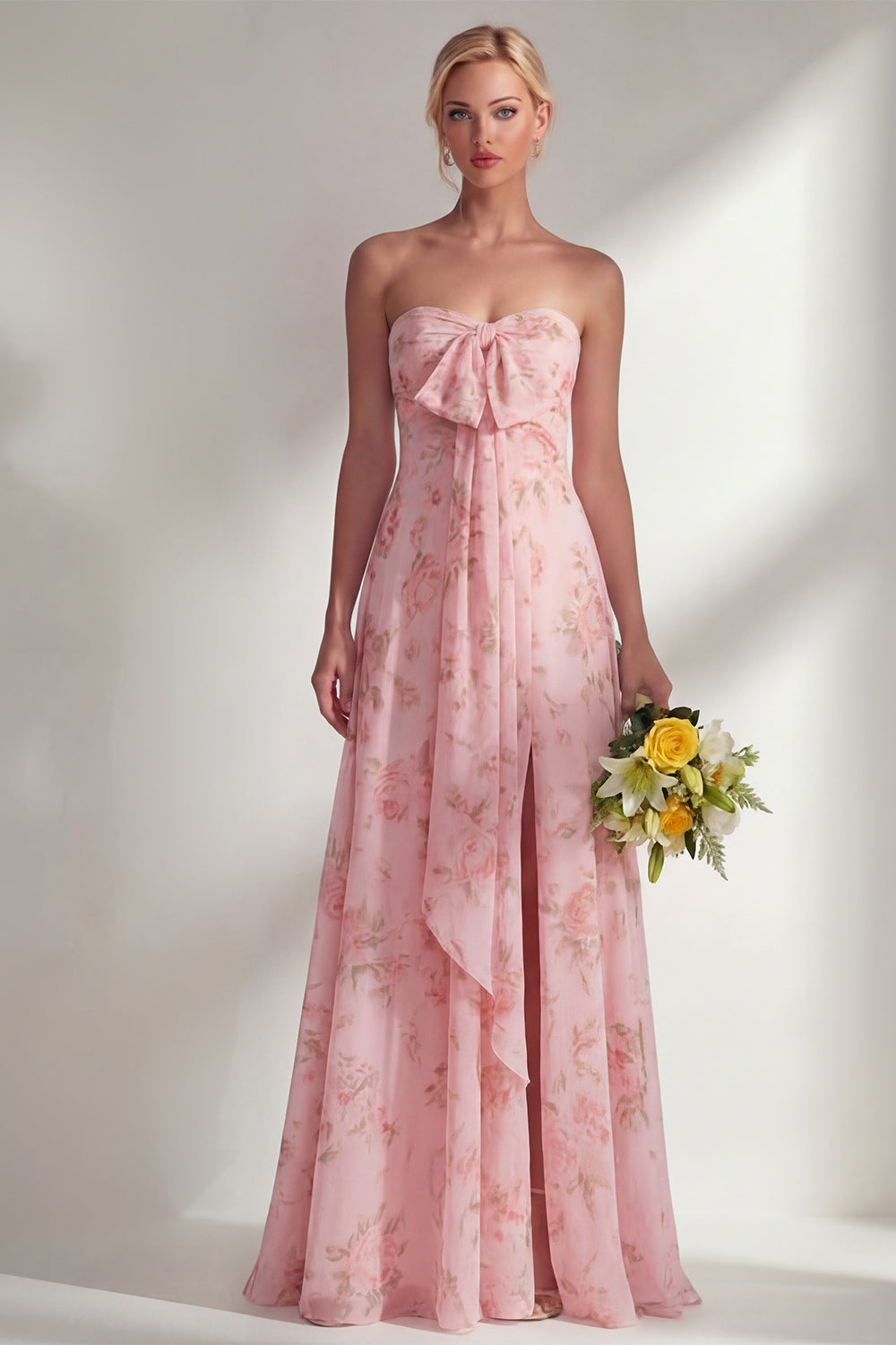 Blue Pink Flower Convertible Wear Long Boho Bridesmaid Dress with Slit