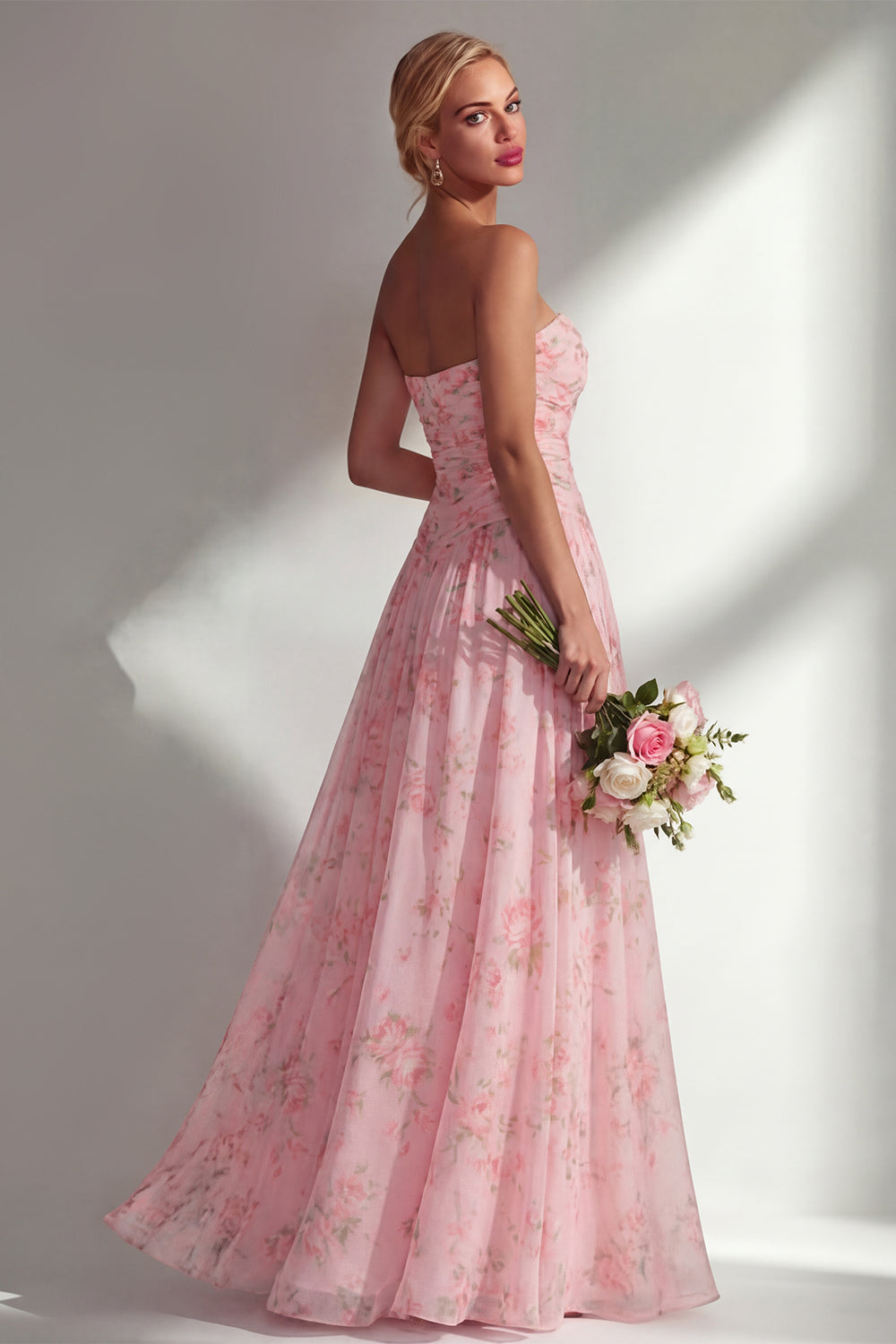 Blue Pink Flower Convertible Wear Long Boho Bridesmaid Dress with Slit