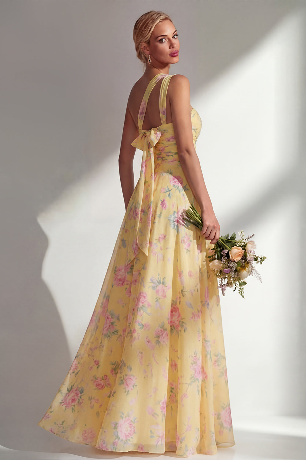 Blue Pink Flower Convertible Wear Long Boho Bridesmaid Dress with Slit