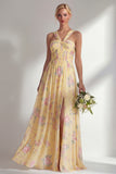 Blue Pink Flower Convertible Wear Long Boho Bridesmaid Dress with Slit