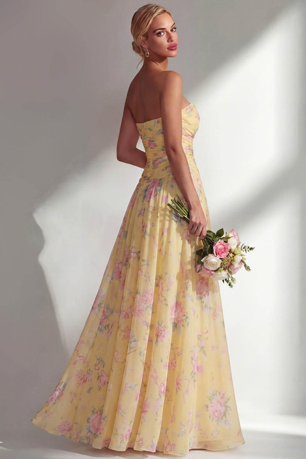 Blue Pink Flower Convertible Wear Long Boho Bridesmaid Dress with Slit