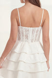 White Short Corset Floral A Line Ruffled Graduation Dress with Lace