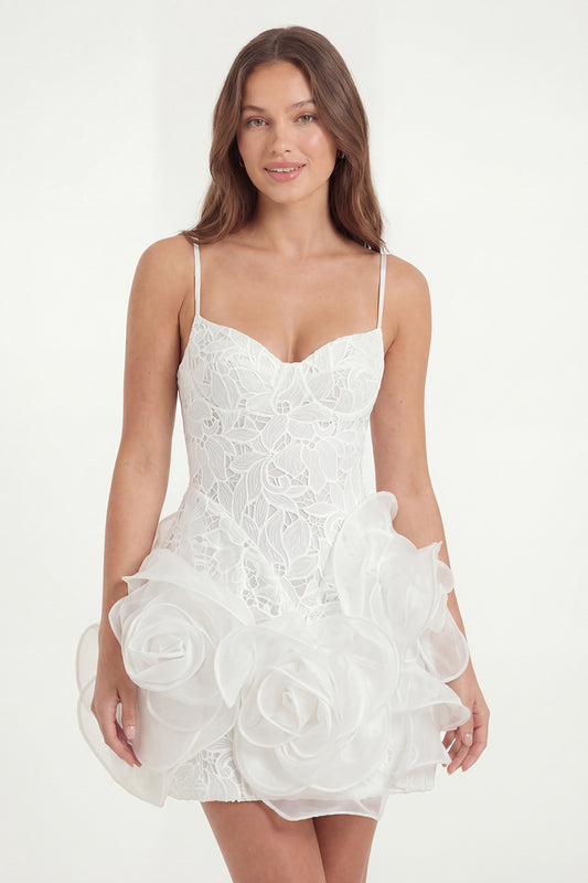 White Lace Spaghetti Straps Tight Short Graduation Dress with 3D Flowers