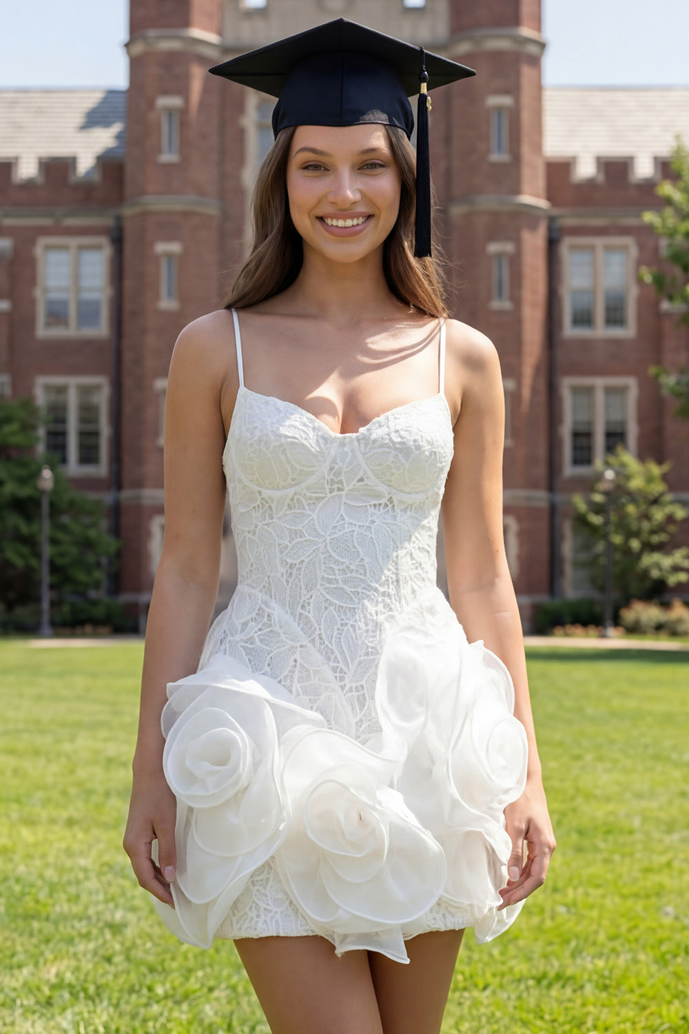 White Lace Spaghetti Straps Tight Short Graduation Dress with 3D Flowers