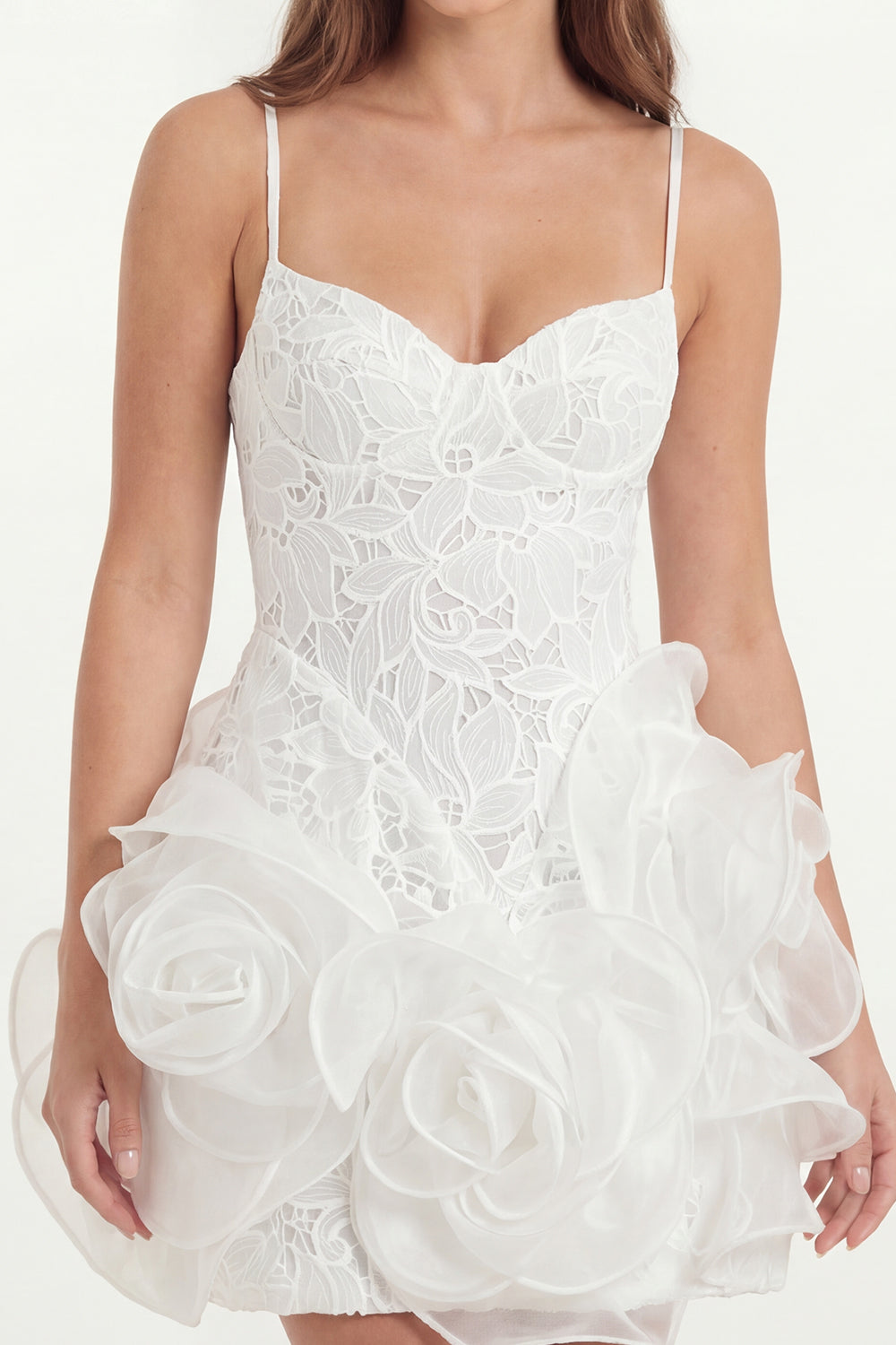 White Lace Spaghetti Straps Tight Short Graduation Dress with 3D Flowers