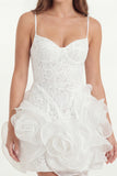 White Lace Spaghetti Straps Tight Short Graduation Dress with 3D Flowers