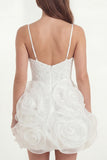 White Lace Spaghetti Straps Tight Short Graduation Dress with 3D Flowers