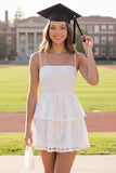 Floral A Line Lace White Short Graduation Dress with Ruffles