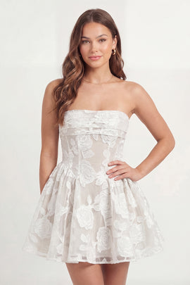 Strapless Corset A Line Floral Lace White Short Graduation Dress