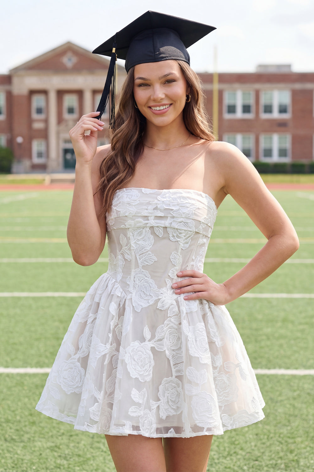 Strapless Corset A Line Floral Lace White Short Graduation Dress