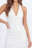 Sparkly White Tight Short Halter Ruched Bachelorette Dress