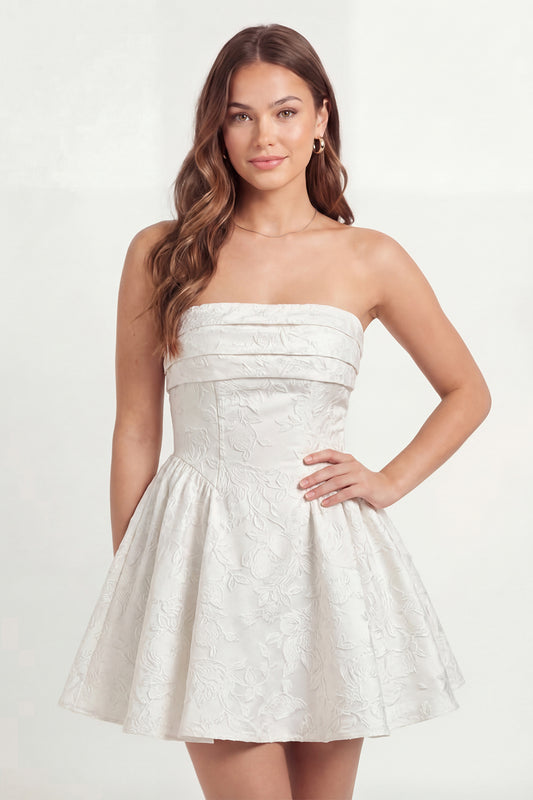 Floral A Line White Short Strapless Jacquard Corset Graduation Dress
