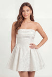 Floral A Line White Short Strapless Jacquard Corset Graduation Dress