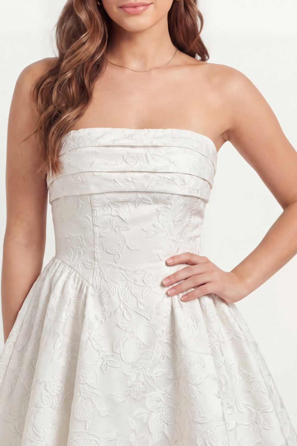 Floral A Line White Short Strapless Jacquard Corset Graduation Dress