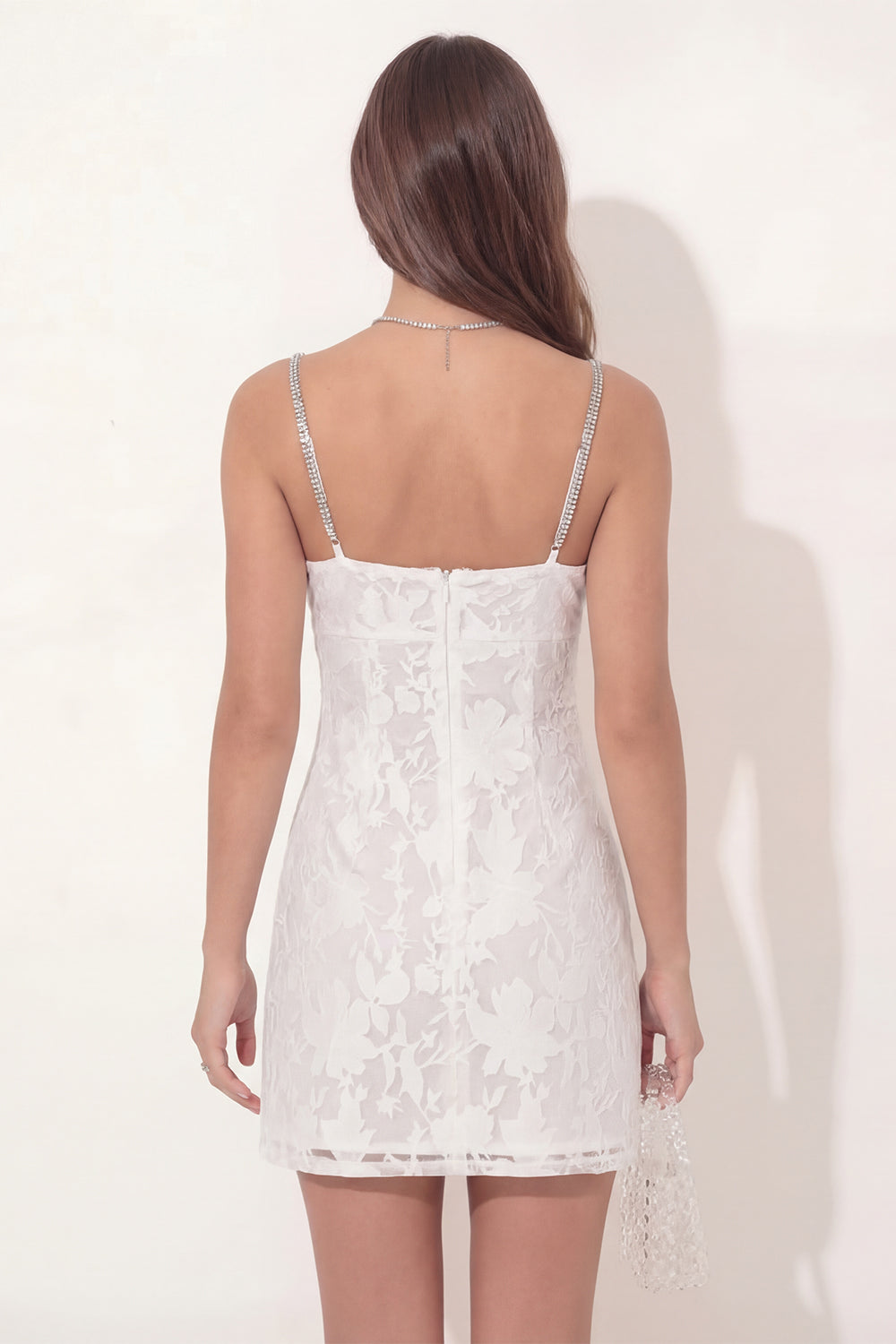 Floral Beaded Spaghetti Straps Lace White Tight Short Graduation Dress