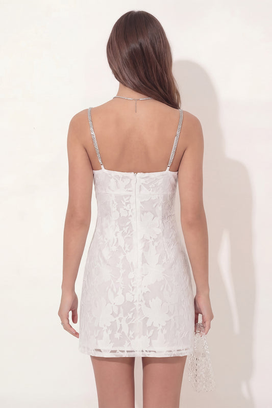 Floral Beaded Spaghetti Straps Lace White Tight Short Graduation Dress