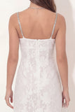 Floral Beaded Spaghetti Straps Lace White Tight Short Graduation Dress