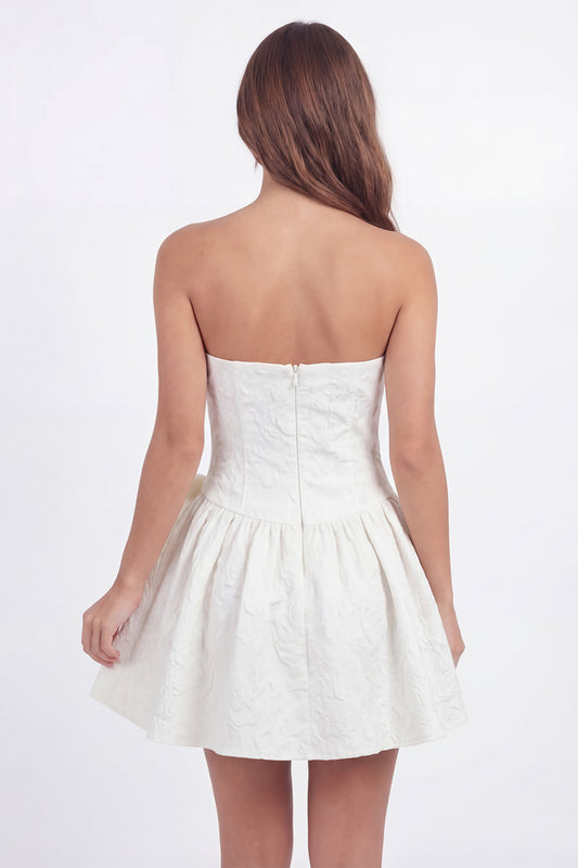 Strapless Corset Floral A Line White Short Graduation Dress with Bow