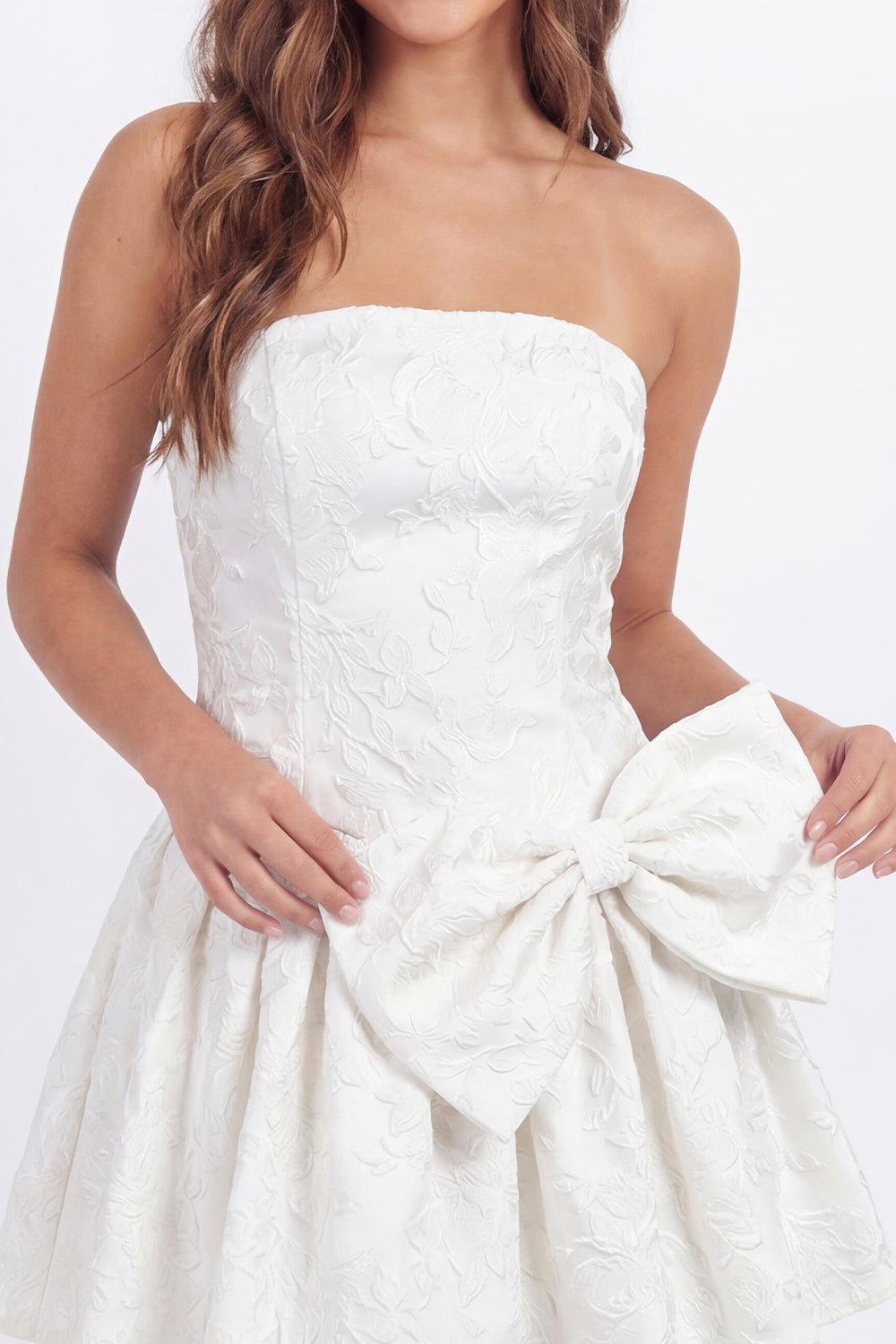Strapless Corset Floral A Line White Short Graduation Dress with Bow