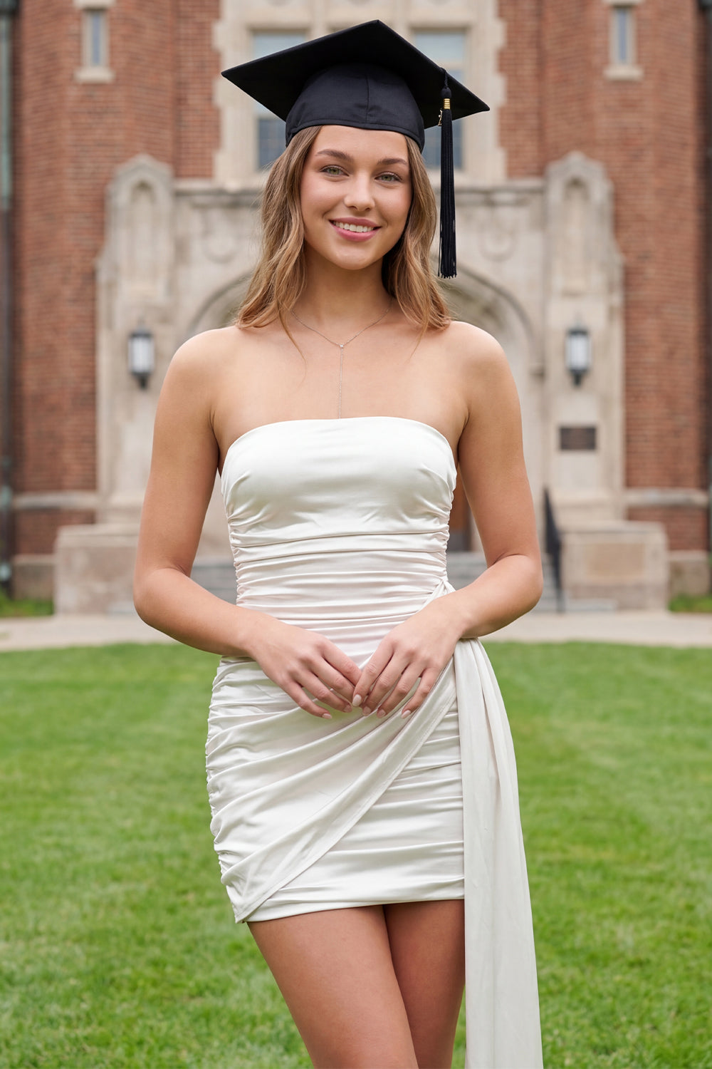 ZAPAKASA Women White Tight Short Graduation Dress with Side Cape Strapless  Ruched Bachelorette Dress