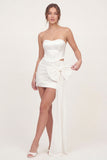 Ruched White Tight Short Strapless Corset Graduation Dress with Bow