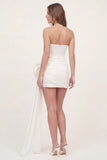Ruched White Tight Short Strapless Corset Graduation Dress with Bow