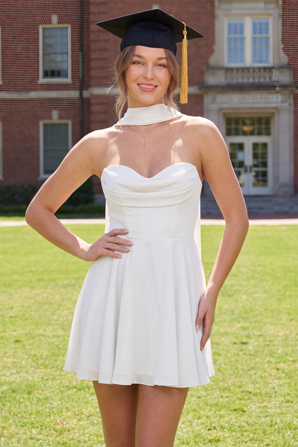 Neck Scarf Corset A Line White Short Strapless Graduation Dress
