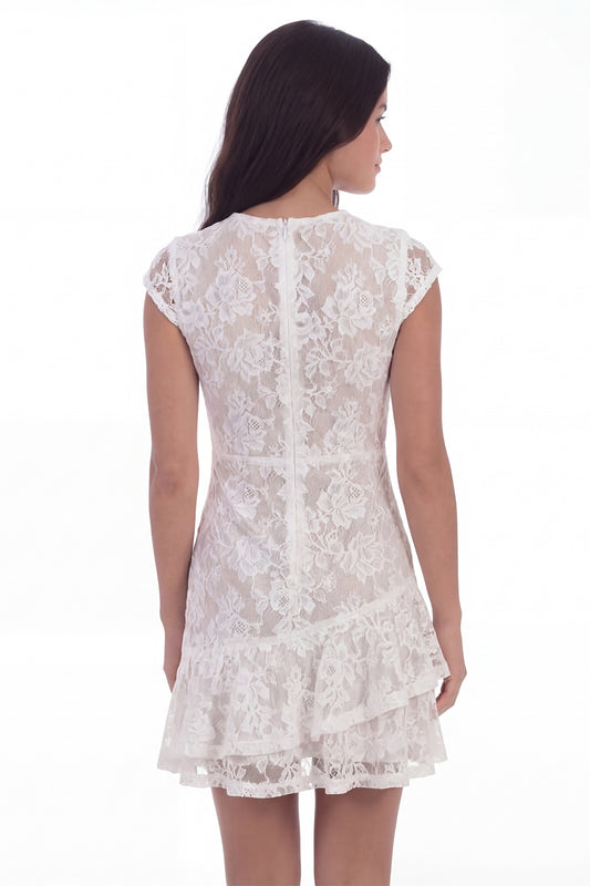 Cap Sleeves A Line Floral Lace White Short Graduation Dress with Ruffles