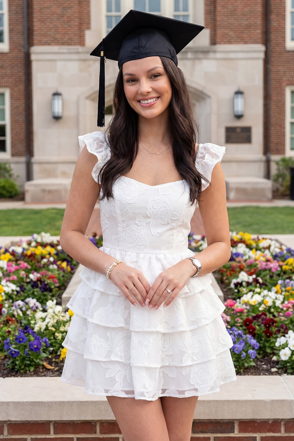 White Short Corset A Line Floral Lace Graduation Dress with Ruffles
