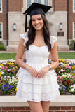 White Short Corset A Line Floral Lace Graduation Dress with Ruffles