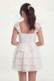 White Short Corset A Line Floral Lace Graduation Dress with Ruffles