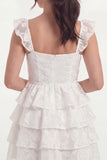 White Short Corset A Line Floral Lace Graduation Dress with Ruffles