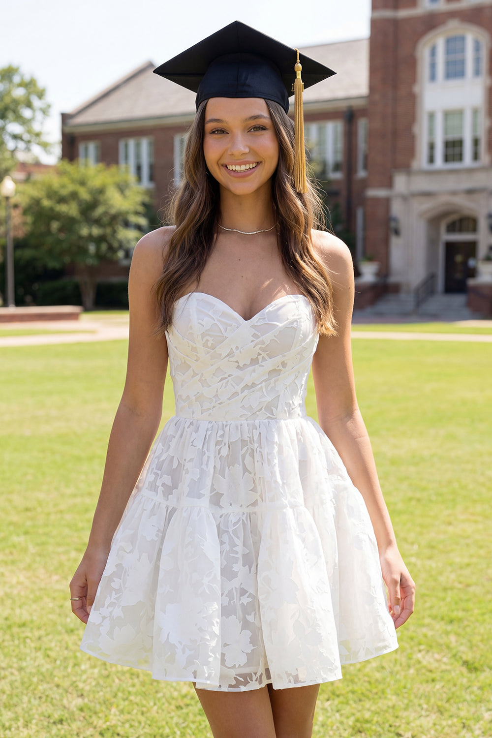 Sweetheart Corset A Line Floral Lace Ruched White Short Graduation Dress